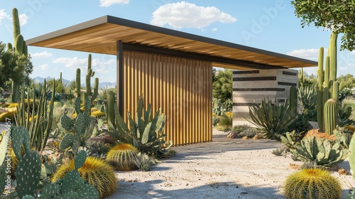 Modern gate design featuring horizontal ochre wooden slats, flat roof, surrounded by an array of cacti and desert flora Realistic rendering photo