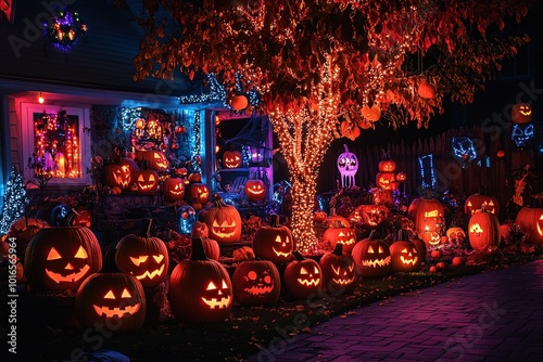 A spooky Halloween scene of a house decorated with glowing pumpkins and twinkling lights