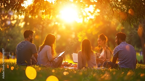 Fototapeta Naklejka Na Ścianę i Meble -  Friends Enjoying a Sunny Picnic in a Park, Relaxing Together Outdoors
