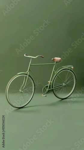 Vintage Green Bicycle: A classic bicycle, with a vintage design and a timeless green paint, stands against a muted green backdrop. Its simple elegance evokes a sense of tranquility and nostalgia. photo