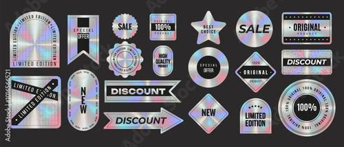 Set of holographic sticker, label templates. Shiny rainbow emblem Original, Limited Edition, New, Sale, Premium quality. Vector illustration