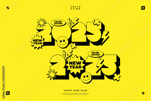 A vibrant and modern 3D design featuring the year 2025 in 90s style on yellow isolated background photo