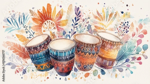Watercolor illustration, vibrant African drums surrounded by colorful tribal patterns, soft brushstrokes and rich earthy tones