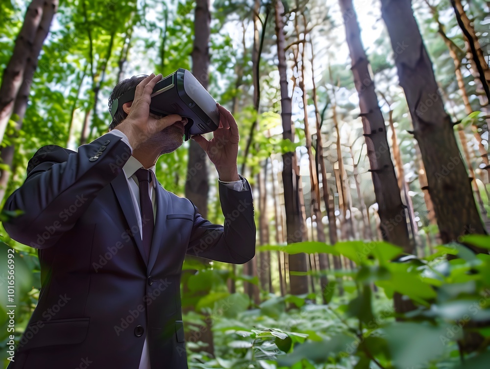 Businessman Exploring Digital Forest Through VR Headset Representing Technology and Environmental Conservation Businessman Exploring Digital Forest Through VR Headset Representing Technology and Environmental Conservation