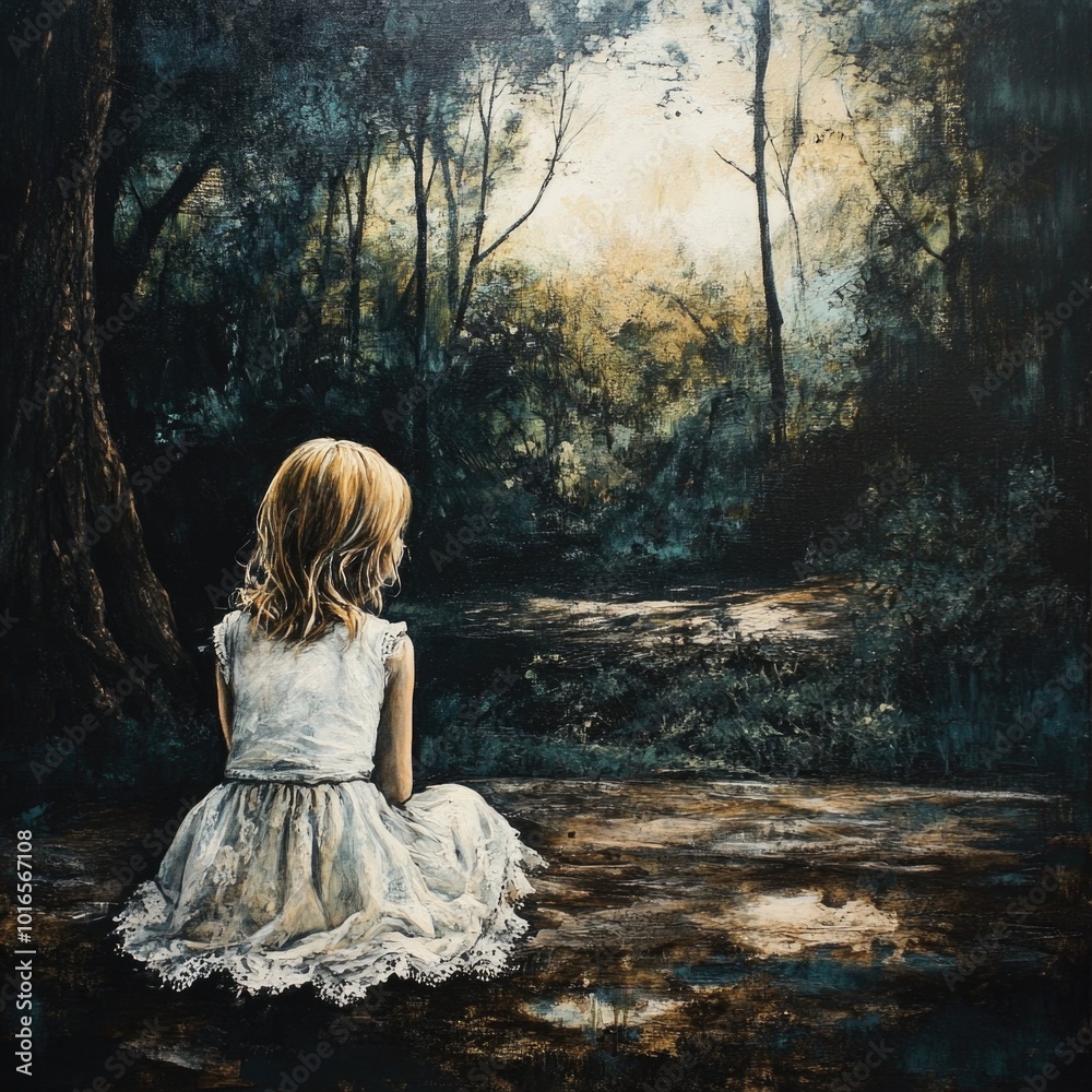 A young girl sits alone in a forest, surrounded by trees. A young girl sits alone in a forest, surrounded by trees.