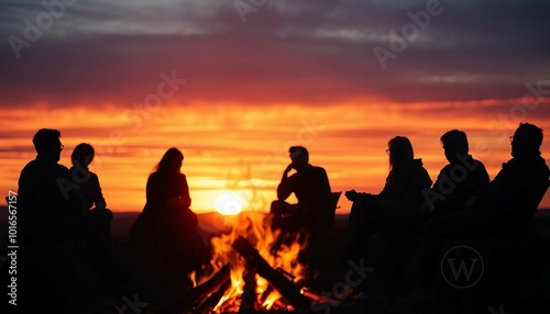 A sunset beach scene features a bonfire and blurred figures socializing, creating a warm ambiance.