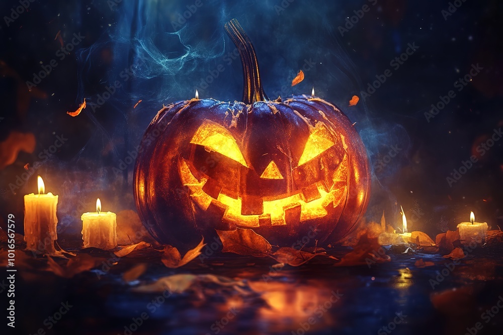 A dark Halloween pumpkin with candles lit up in the background, fantasy art style, dark and mysterious mood, glowing eyes, detailed texture of skin A dark Halloween pumpkin with candles lit up in the background, fantasy art style, dark and mysterious mood, glowing eyes, detailed texture of skin