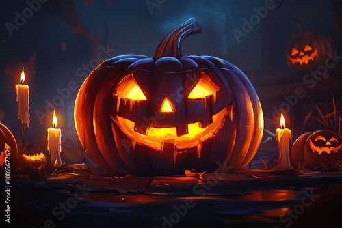 A dark Halloween pumpkin with candles lit up in the background, fantasy art style, dark and mysterious mood, glowing eyes, detailed texture of skin