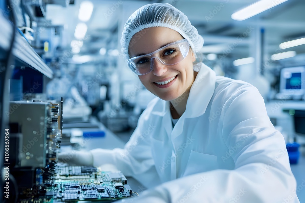 Confident Computer Hardware Worker Assembling Cutting Edge Component in Modern Research Lab Confident Computer Hardware Worker Assembling Cutting Edge Component in Modern Research Lab