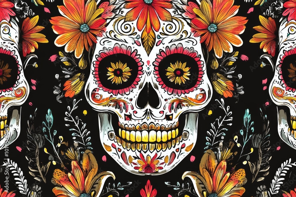 Pattern of skulls and flowers on a dark, ominous background. Pattern of skulls and flowers on a dark, ominous background.