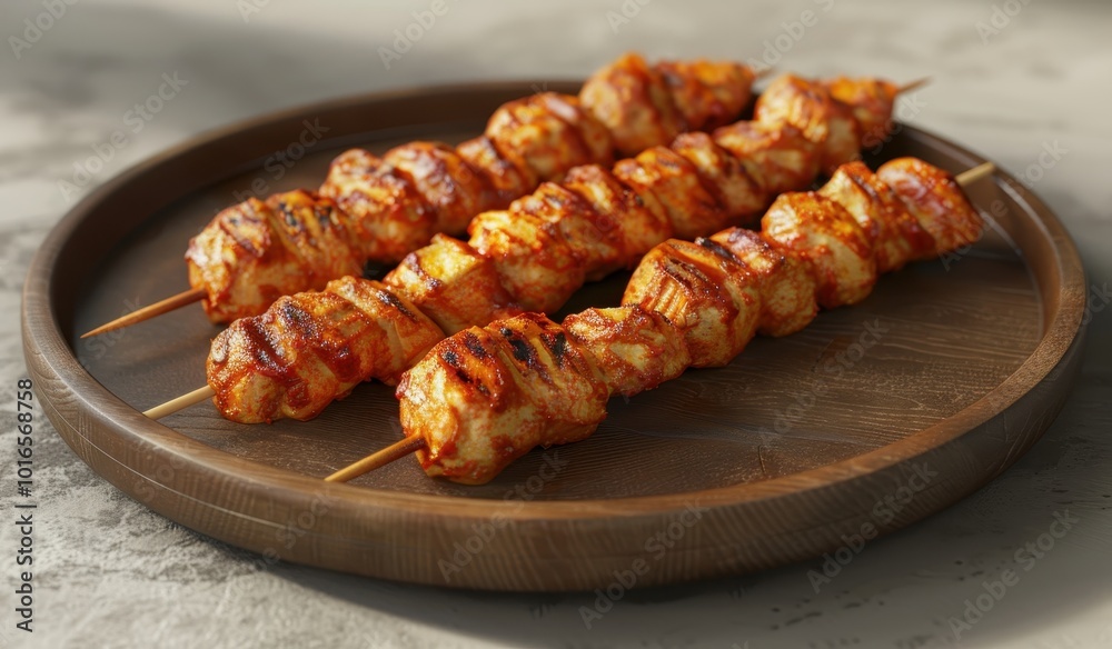 Delicious Grilled Chicken Skewers on Wooden Plate Delicious Grilled Chicken Skewers on Wooden Plate