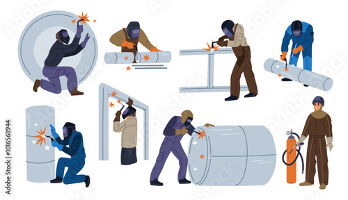 Cartoon welder characters work. People in protective masks welding metal. Sparks and fire. Building construction. Steel pipes connection. Industrial metalworking. Garish vector set