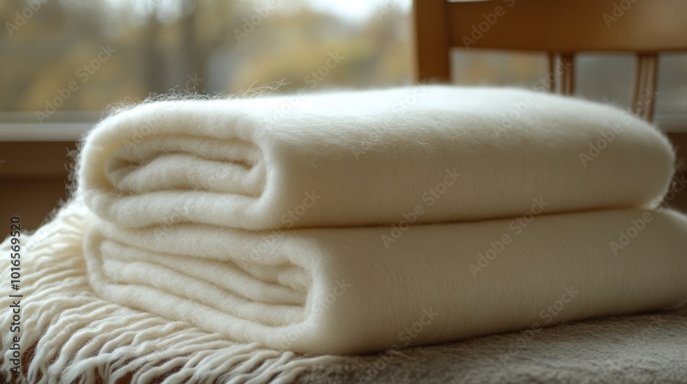 Cozy cream wool blanket folded on a soft wooden chair illuminated by warm natural light in a minimalist setting Cozy cream wool blanket folded on a soft wooden chair illuminated by warm natural light in a minimalist setting
