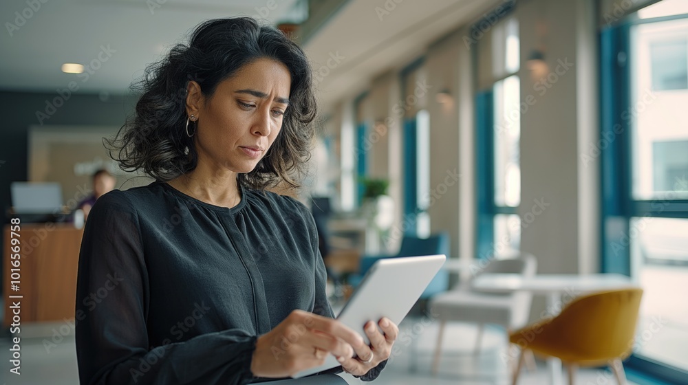 Hispanic woman in modern office uses tablet. Focused on digital screen, reading working. Black top, indoor workspace, city view. Woman in business attire, mature pro. Employee uses technology, Hispanic woman in modern office uses tablet. Focused on digital screen, reading working. Black top, indoor workspace, city view. Woman in business attire, mature pro. Employee uses technology,