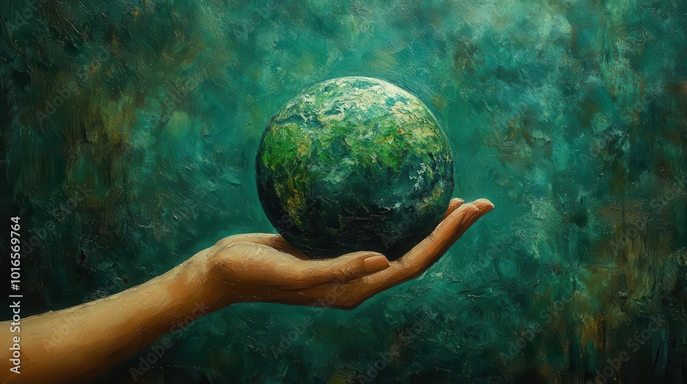 earth cradled in a womans hand symbolizing care and sustainability lush green hues blend with deep blues conveying hope and urgency against a soft serene background