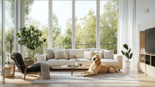 Golden retriever dog in an opulent living room with a wide panoramic window in the Scandinavian style. Hotel or homeroom that welcomes pets.