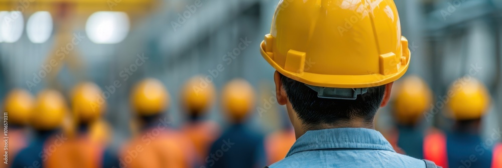A construction worker in a yellow hard hat stands facing a group of workers wearing similar helmets at a construction site. The background is blurred, focusing on the worker in the foreground. A construction worker in a yellow hard hat stands facing a group of workers wearing similar helmets at a construction site. The background is blurred, focusing on the worker in the foreground.