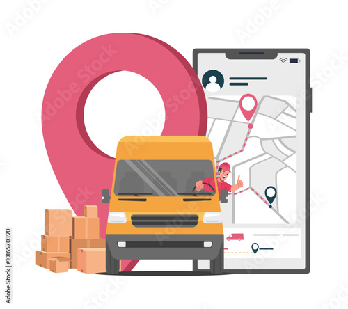 A delivery van with a driver showing the OK sign drives along a route. Online delivery service concept. Vector illustration.