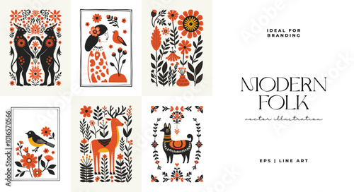 Abstract folk nordic art posters template. Modern trendy minimal style. Hand drawn design for wallpaper, wall decor, print, postcard, cover, template, banner.