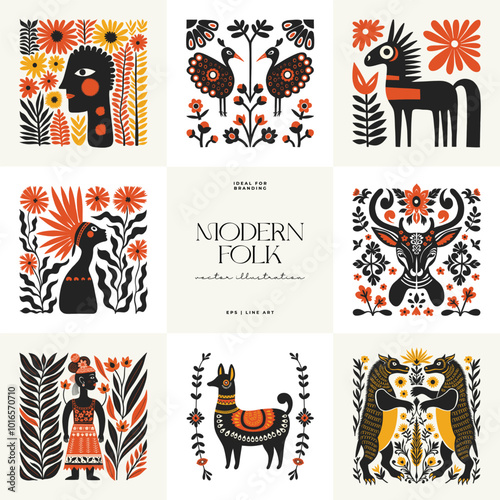 Abstract folk nordic art posters template. Modern trendy minimal style. Hand drawn design for wallpaper, wall decor, print, postcard, cover, template, banner.