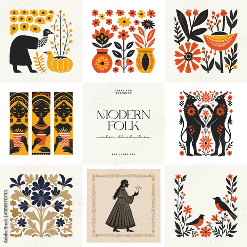 Abstract folk nordic art posters template. Modern trendy minimal style. Hand drawn design for wallpaper, wall decor, print, postcard, cover, template, banner.