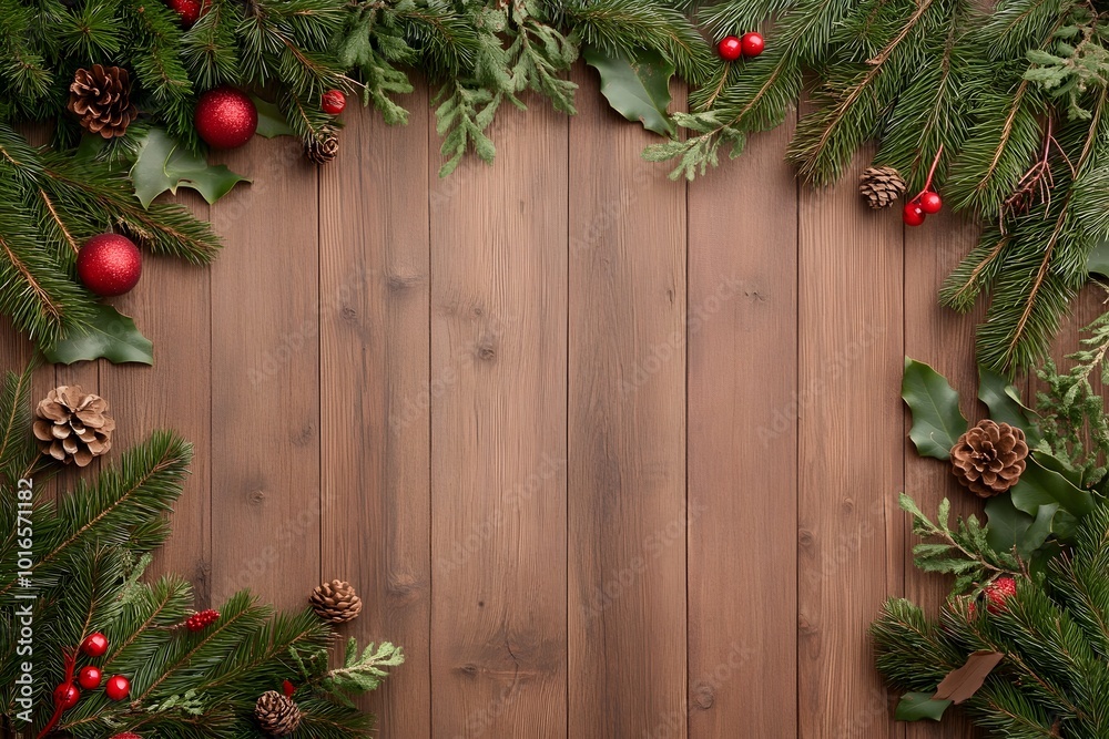 Festive Christmas Holiday Banner with Decorative Foliage Elements and Empty Label Space