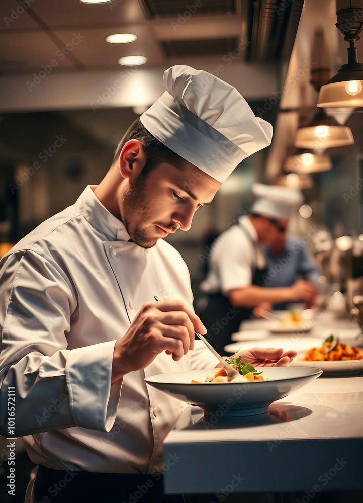 A professional chef making the final touch to a dish in an industrial kitchen. A professional chef making the final touch to a dish in an industrial kitchen.