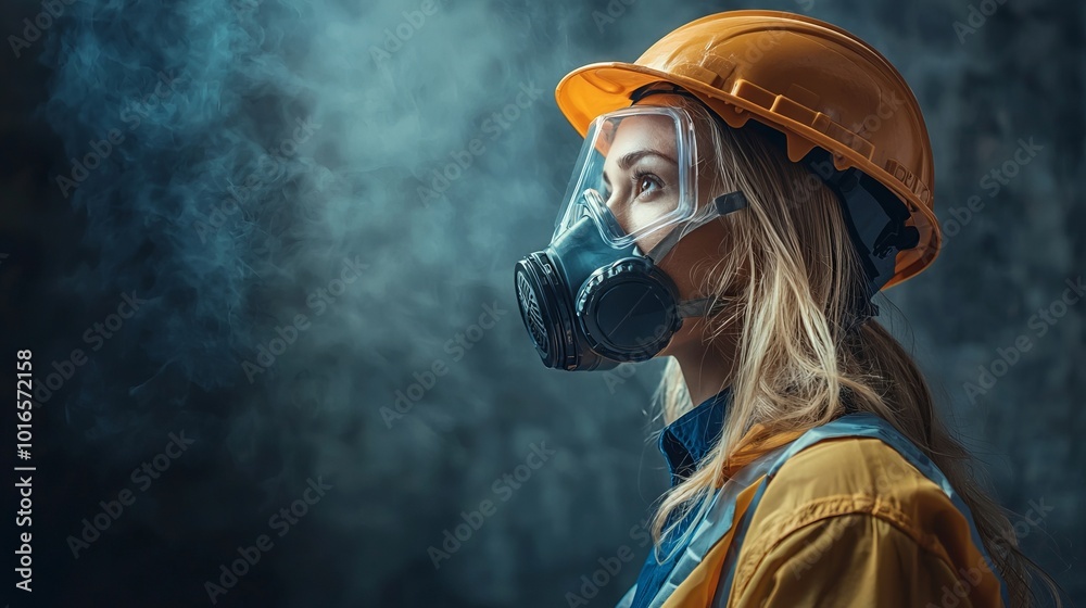 Obraz premium Female worker in a gas mask and helmet, surrounded by smoke