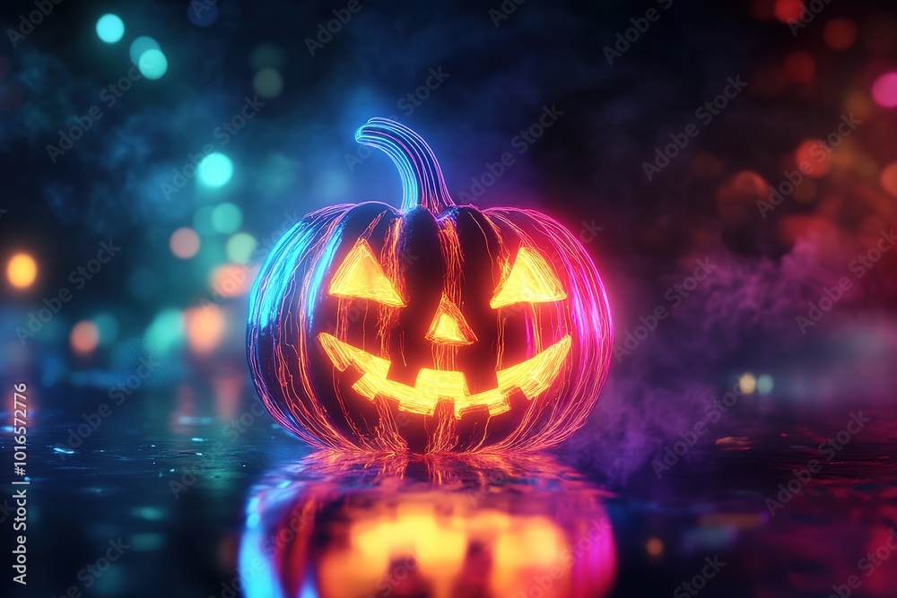 custom made wallpaper toronto digitalA Halloween pumpkin illuminated with colorful neon lights on a dark background, with a complex holographic design glowing in the air, in a high-tech digital art style