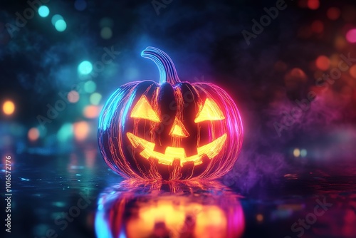 Wallpaper Mural A Halloween pumpkin illuminated with colorful neon lights on a dark background, with a complex holographic design glowing in the air, in a high-tech digital art style Torontodigital.ca