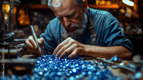 A skilled jewelry craftsman is meticulously working on creating a stunning sapphire pendant, showcasing the artistry and precision involved in fine jewelry making. The image captures the delicate proc photo