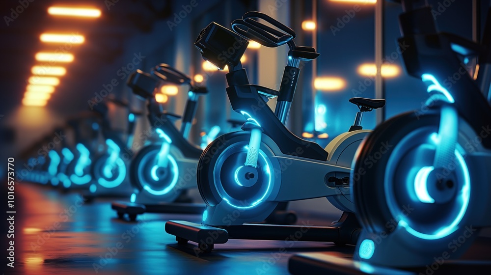 Fototapeta premium Row of stationary bikes in gym with glowing blue lights on pedals. Fitness equipment arranged in line, first bike slightly ahead. Dark gray background contrasts with vibrant blue lights.