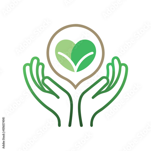 Simple Line Art Logo Hands Holding Green Heart, Earthy Color Vector Illustration on white background.