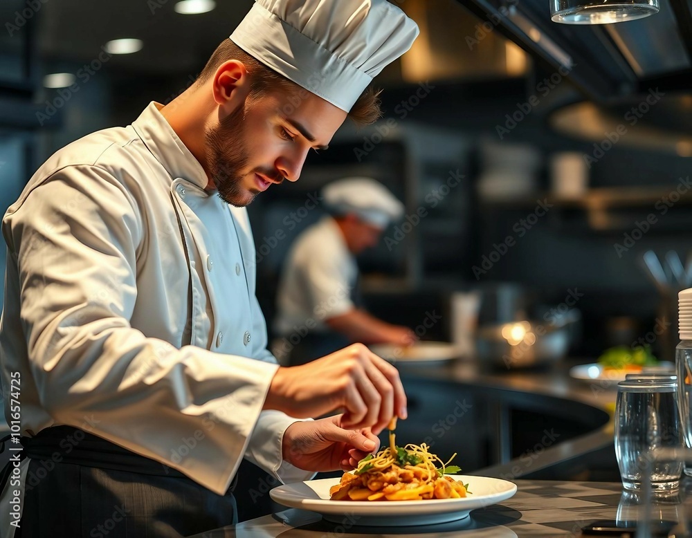A professional chef making the final touch to a dish in an industrial kitchen. A professional chef making the final touch to a dish in an industrial kitchen.