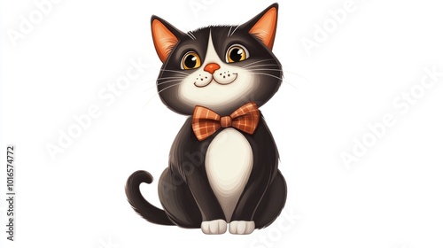 A cute cartoon cat wearing a bow tie, sitting upright on a white background. Isolated clipart ideal for playful and creative designs.