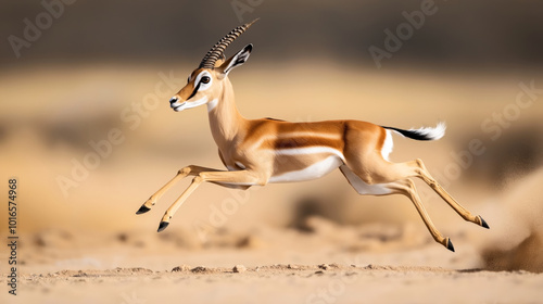 A gazelle leaping across a sandy desert, displaying agility and speed with its legs stretched out in motion. Background is blurred, emphasizing the movement.