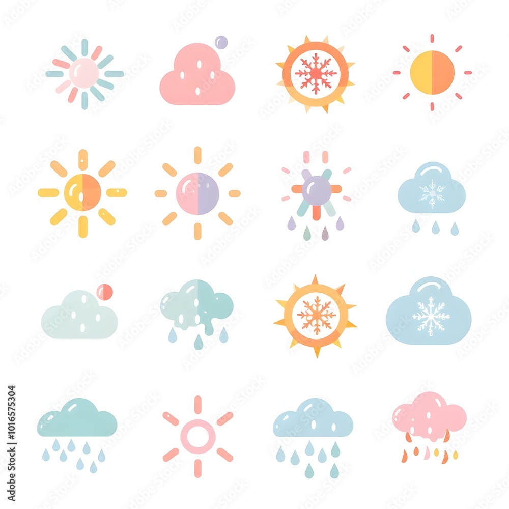 Obraz premium Soft Pastel Toned Weather Icon Set with Sun Cloud Rain and Snowflake Symbols on White Background