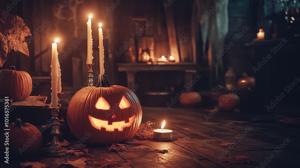 Fototapeta premium Halloween themed dark room with lit candles and pumpkins