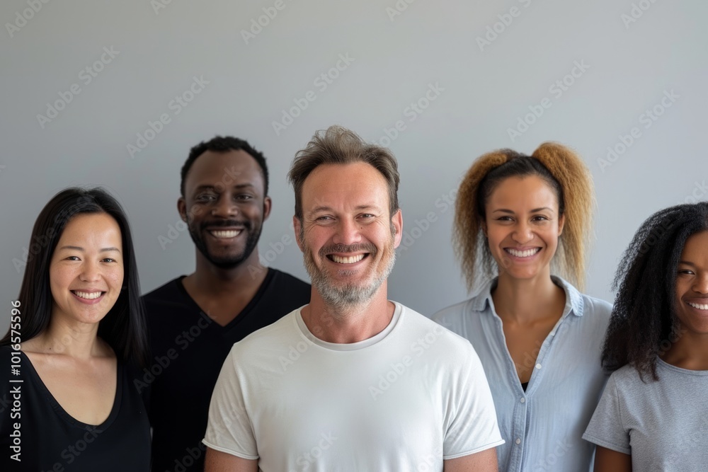 Group of diverse people smiling and looking at the camera in a portrait session Group of diverse people smiling and looking at the camera in a portrait session