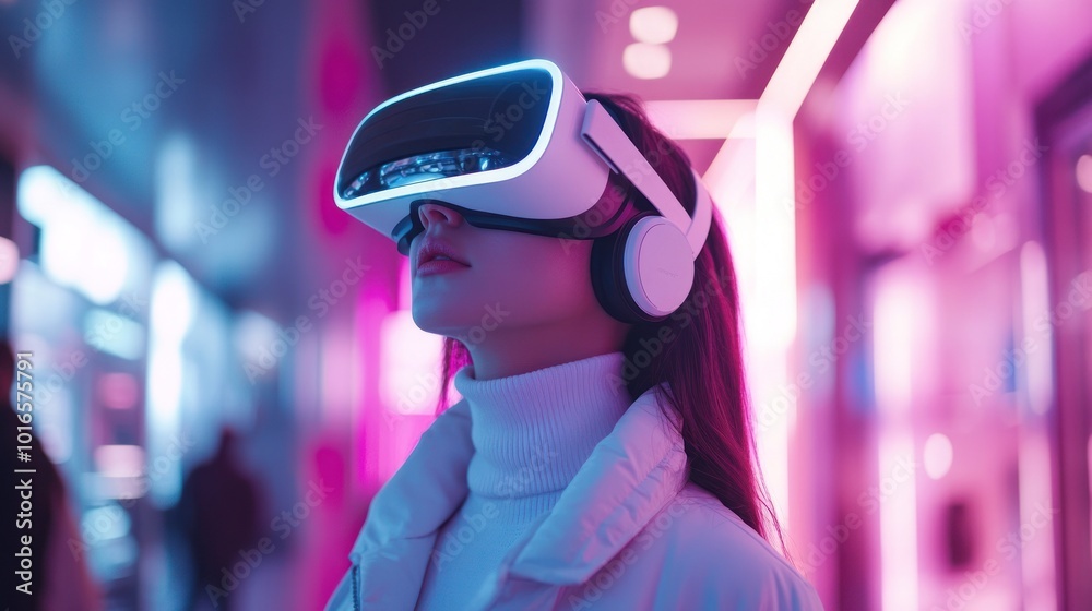 Woman Experiencing Virtual Reality with Headset Woman Experiencing Virtual Reality with Headset