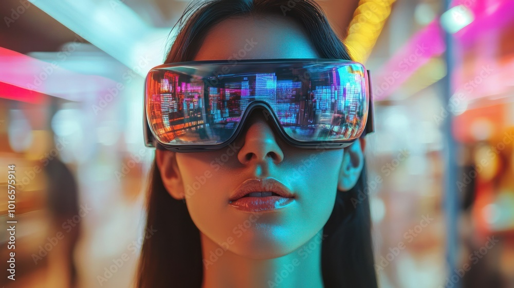Close-up of virtual reality goggles with city lights. Close-up of virtual reality goggles with city lights.