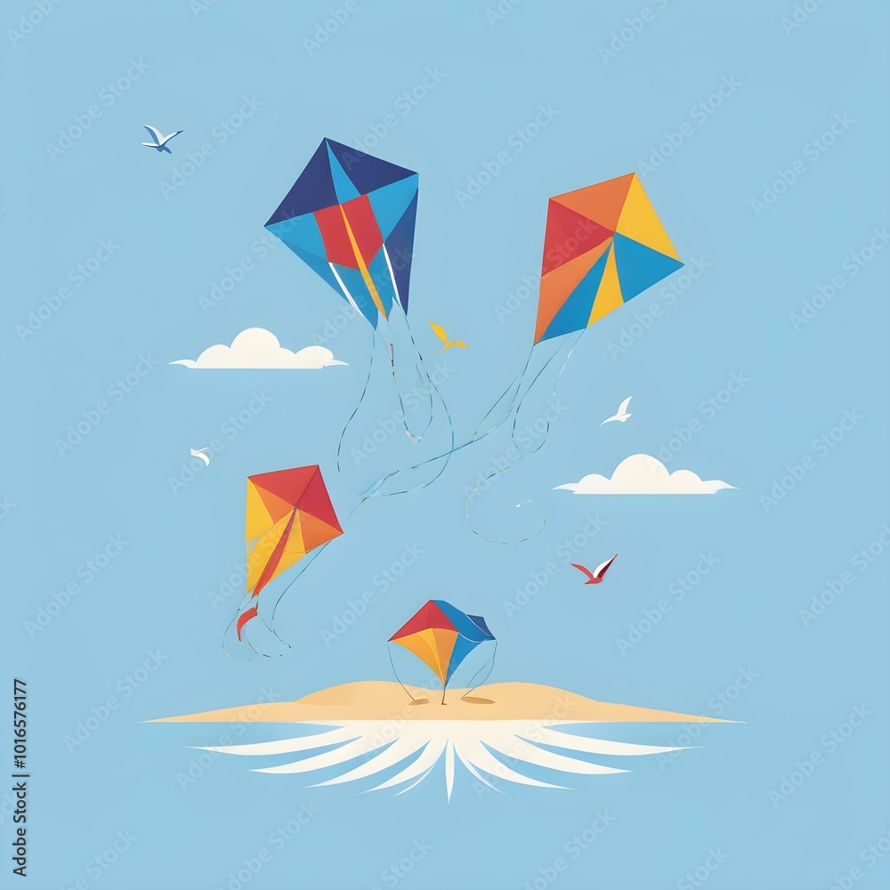 A beach scene with kites flying high in the sky, their bright colors contrasting against the pale blue of a clear summer day
A beach scene with kites flying high in the sky, their bright colors contrasting against the pale blue of a clear summer day