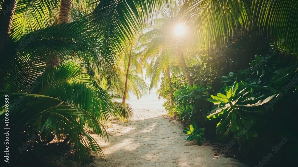 A tropical paradise background featuring dense green palm trees and a soft sandy beach, with sunlight filtering through the leaves. A tropical paradise background featuring dense green palm trees and a soft sandy beach, with sunlight filtering through the leaves.