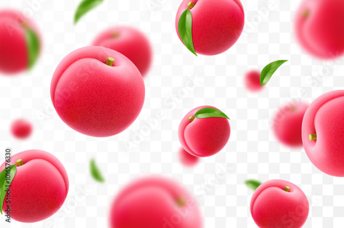 Flying ripe plum. Bright advertising background falling juicy sweet plums, realistic illustration with blurred effect. 3d vector design for advertising banners and web page design