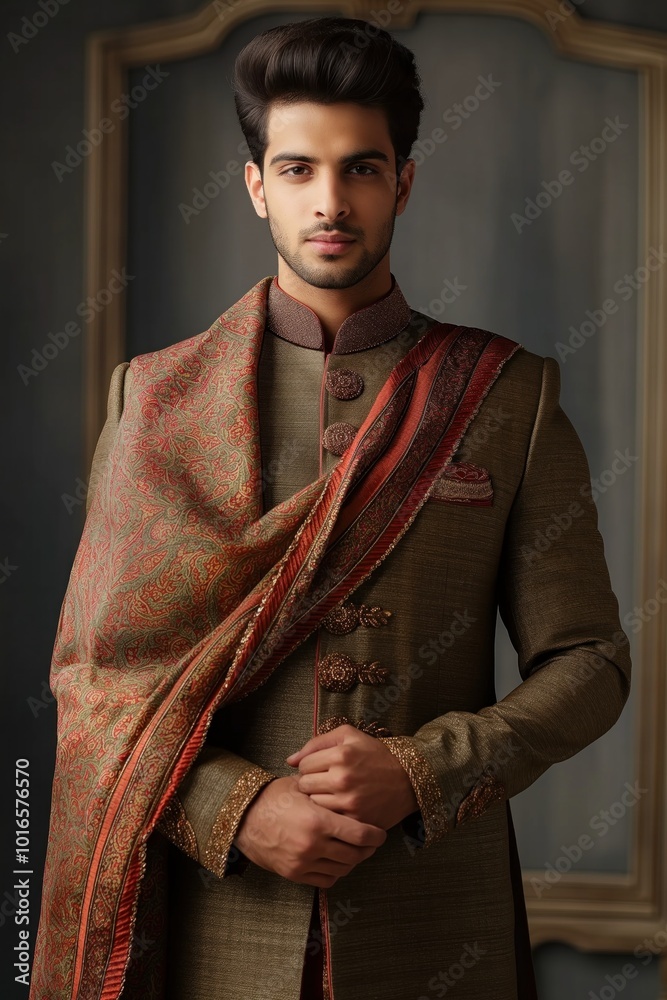 Fototapeta premium Indian man stands in traditional outfit against gray wall. Kurta, sari, turban, scarf in green, gold, red, gold. Hands on hips, straight gaze at camera. Man in heritage clothing, posing for photo.