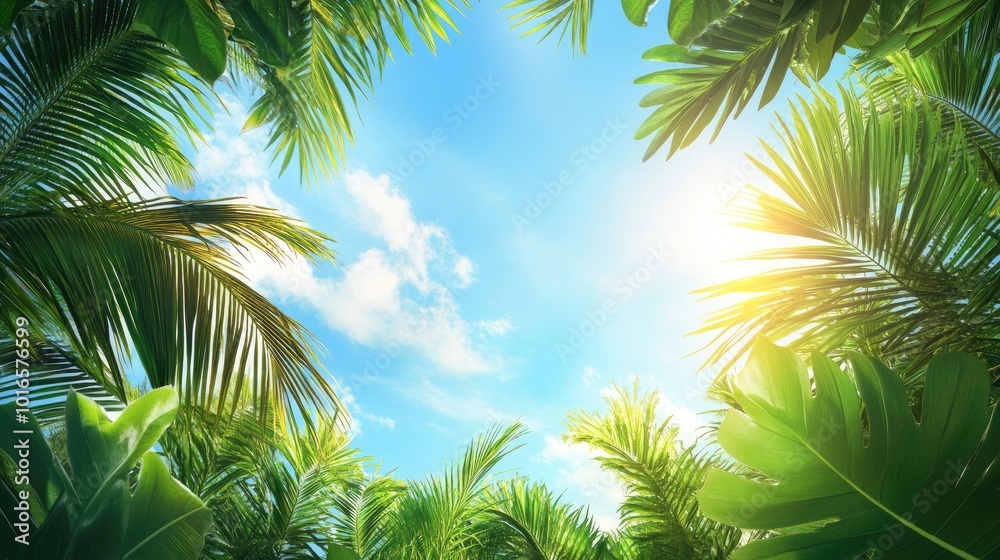 Lush tropical background with vibrant palm leaves and exotic plants, set against a bright blue sky, creating a fresh and lively nature scene. Lush tropical background with vibrant palm leaves and exotic plants, set against a bright blue sky, creating a fresh and lively nature scene.