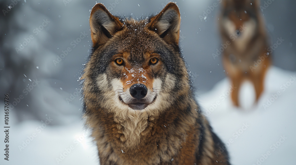 Majestic wolf is standing in the snow with snowflakes falling around its face Majestic wolf is standing in the snow with snowflakes falling around its face