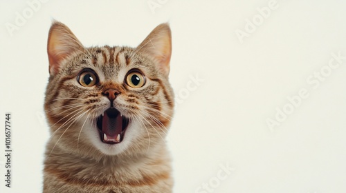 Adorable tabby cat with wide eyes and open mouth expressing surprise or excitement against a plain background, capturing a moment of feline curiosity and energy.