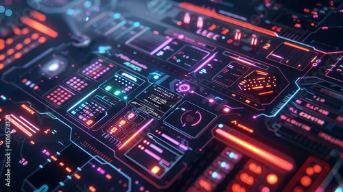 Futuristic Circuit Board Design Showcasing Vibrant Neon Colors in a Digital Workspace