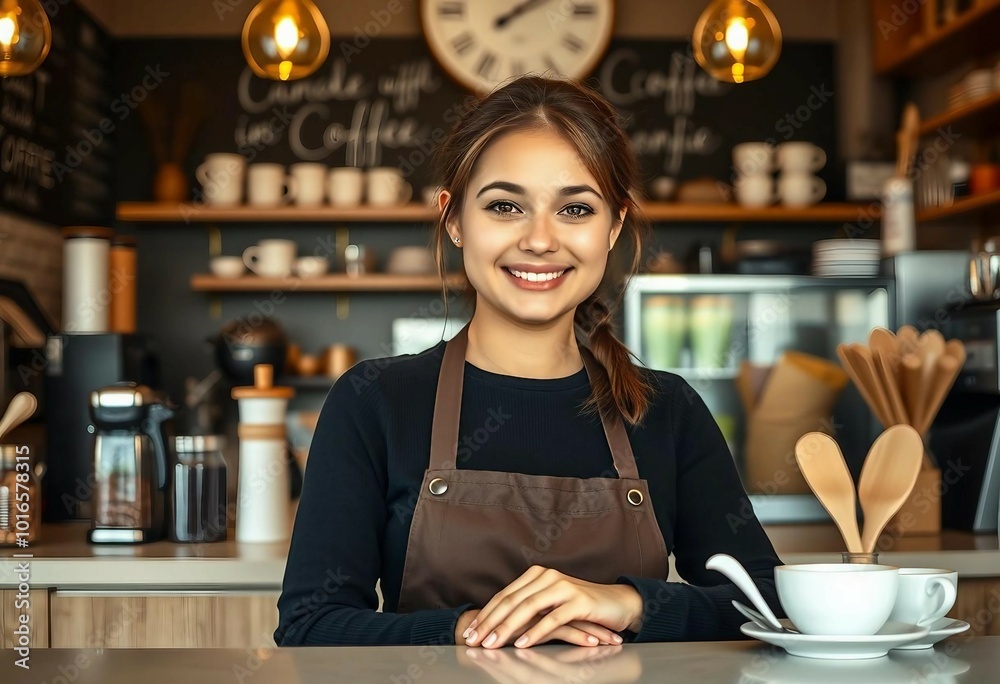 A charming and friendly portrait of a barista next to the register in a third-wave coffee shop.
A charming and friendly portrait of a barista next to the register in a third-wave coffee shop.